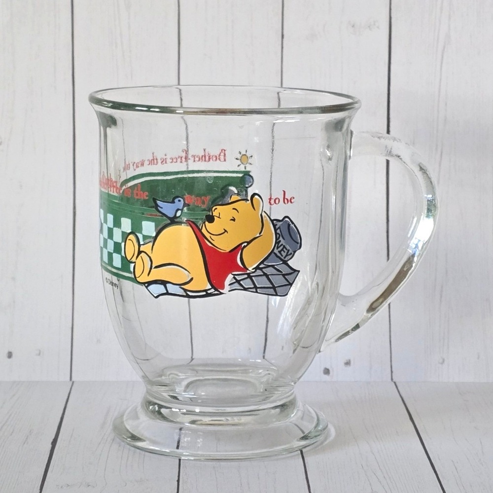 Winnie the Pooh‎ Vintage Clear Glass Footed Mug 16 oz Bother Free Disney
